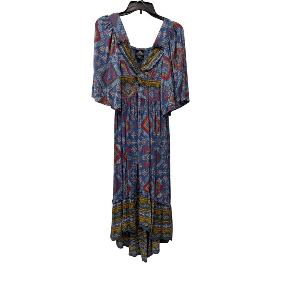 New ANGIE  Women's Size S Boho Dress With Geometric Print & Ruffle Hem